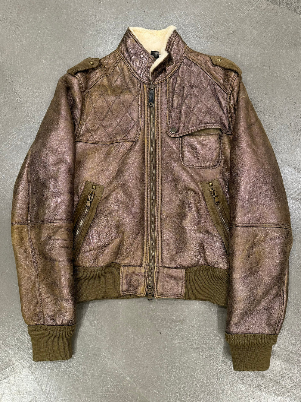 2000s Roberto Cavalli bronze metallic shearling bomber jacket
