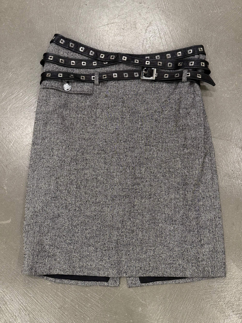 2000s Gianni Versace bondage studded wool skirt