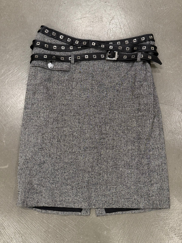 2000s Gianni Versace bondage studded wool skirt
