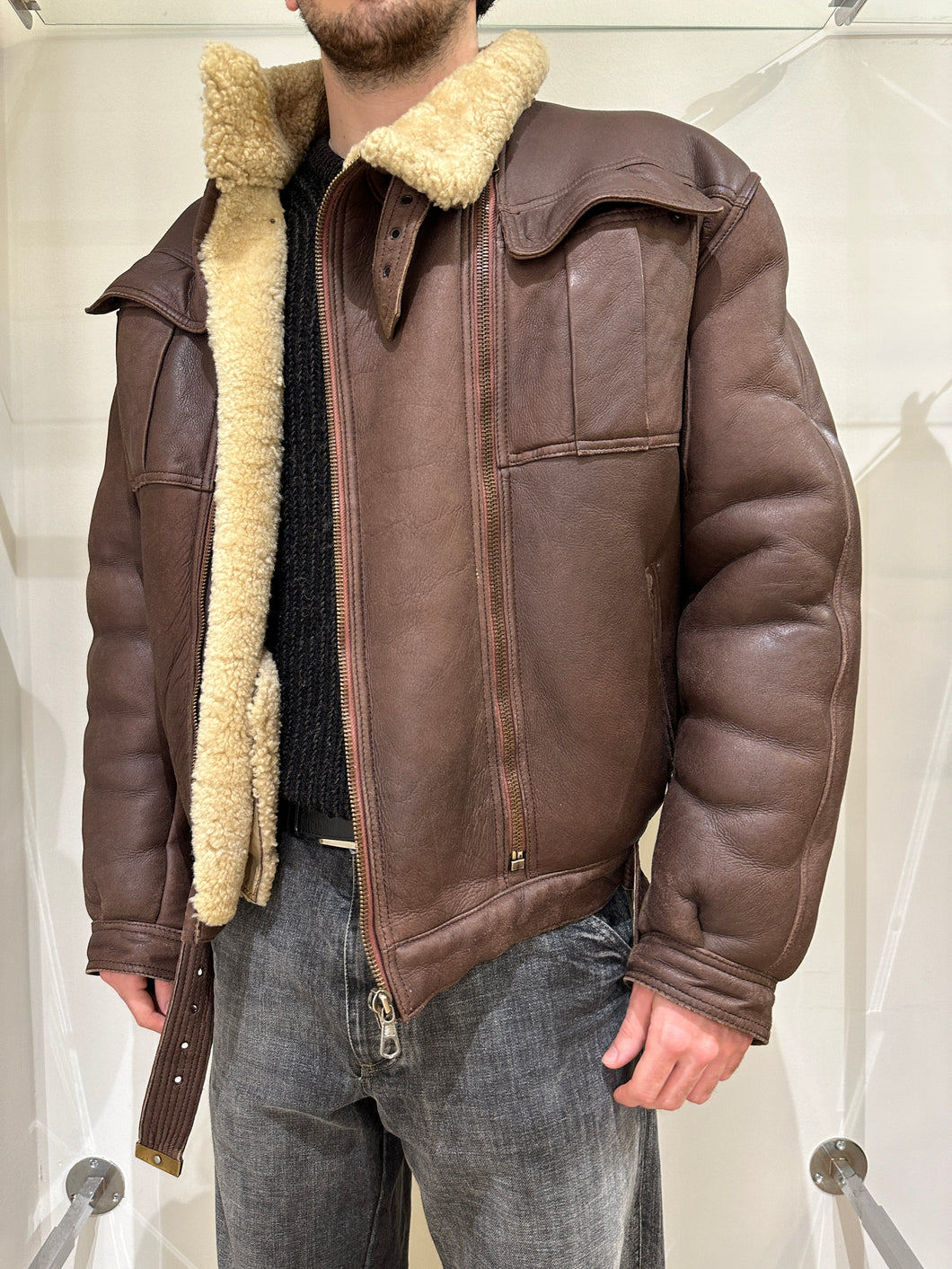 1980s Giorgio Armani oversized double zipper shearling jacket