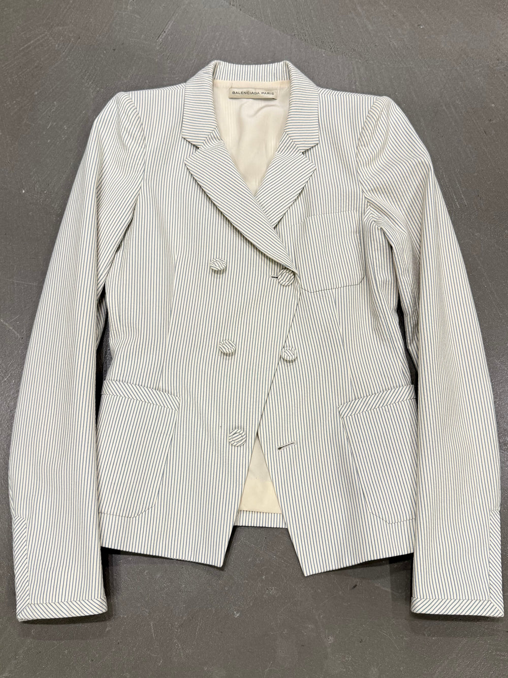 2009 Balenciaga by Nicolas Ghesquière pinstripe asymmetric double breasted blazer