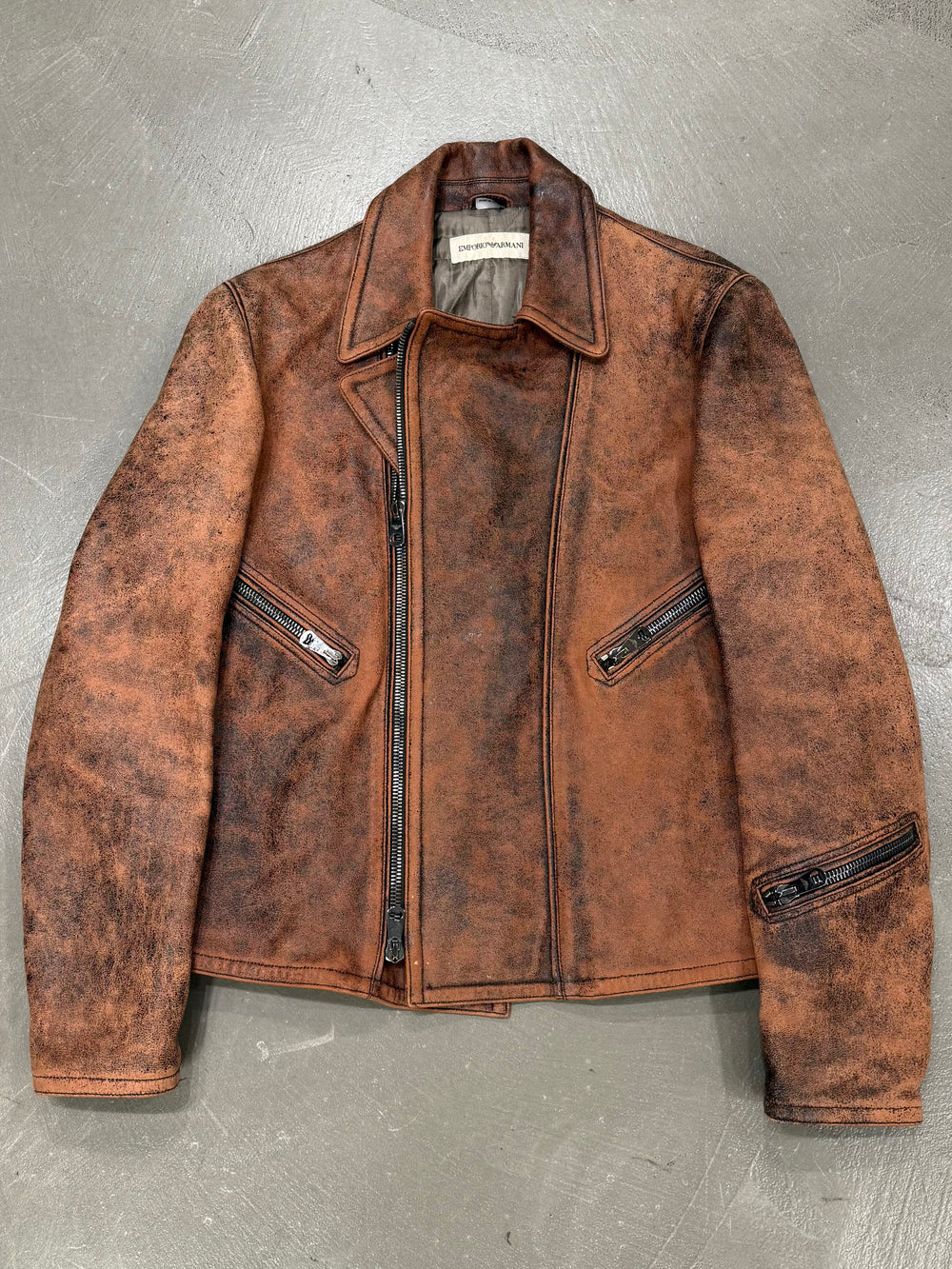 1990s Emporio Armani eroded distressed zipper biker leather jacket