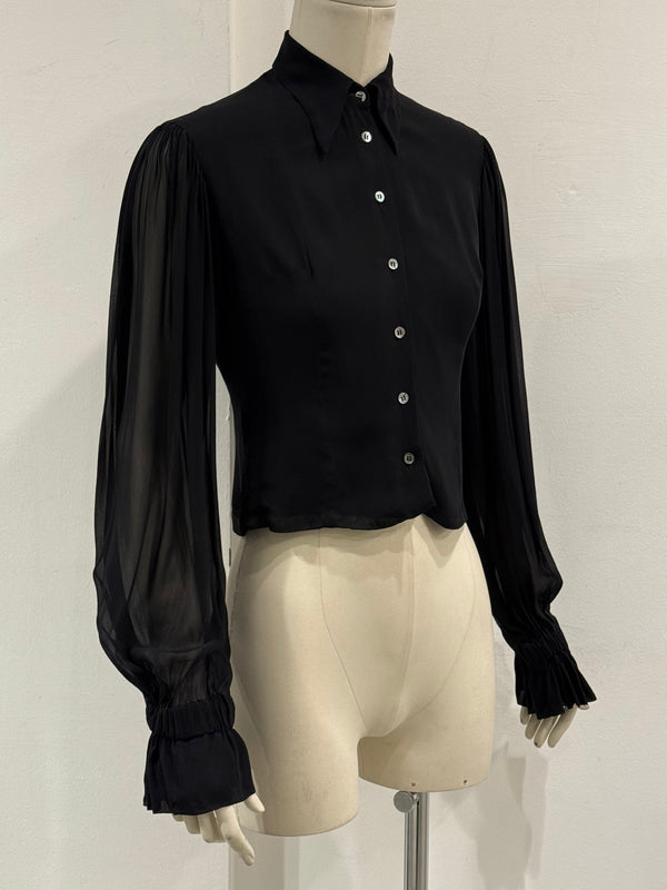 1990s Dolce & Gabbana black silk blouse with sheer sleeve