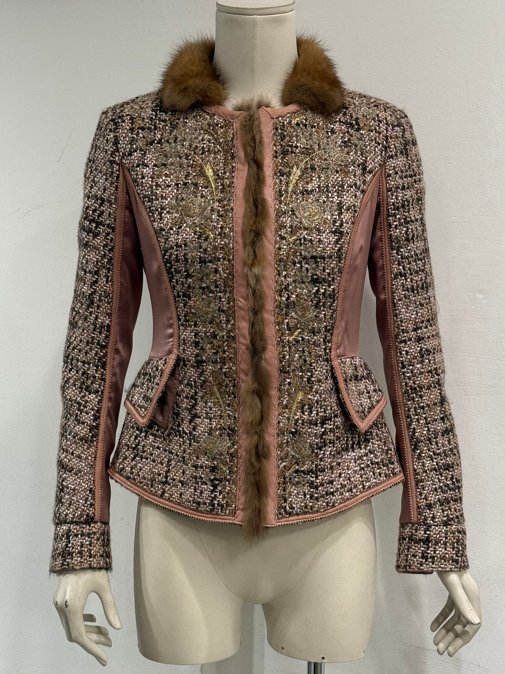 2004 Roberto Cavalli tweed leather fur trim jacket