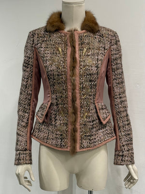 2004 Roberto Cavalli tweed leather fur trim jacket