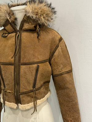 A/W2003 Roberto Cavalli cropped shearling aviator jacket with fox fur hood