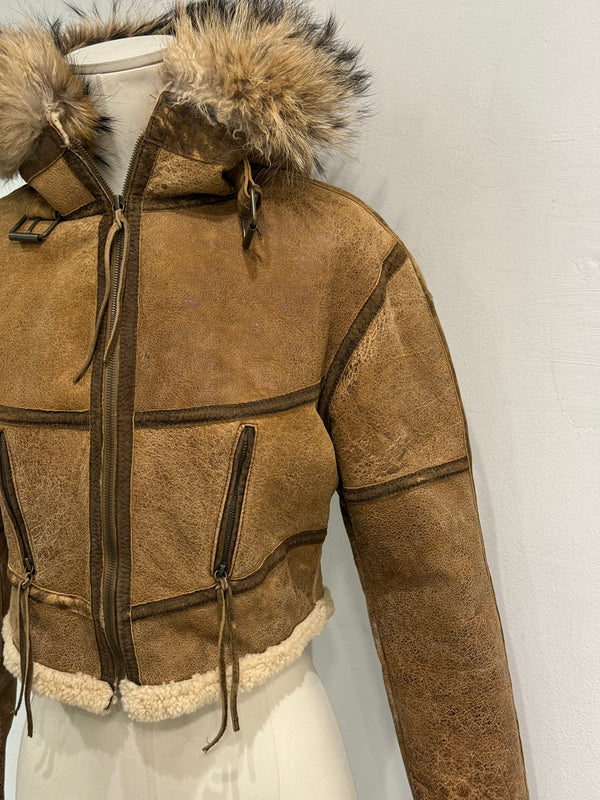 A/W2003 Roberto Cavalli cropped shearling aviator jacket with fox fur hood