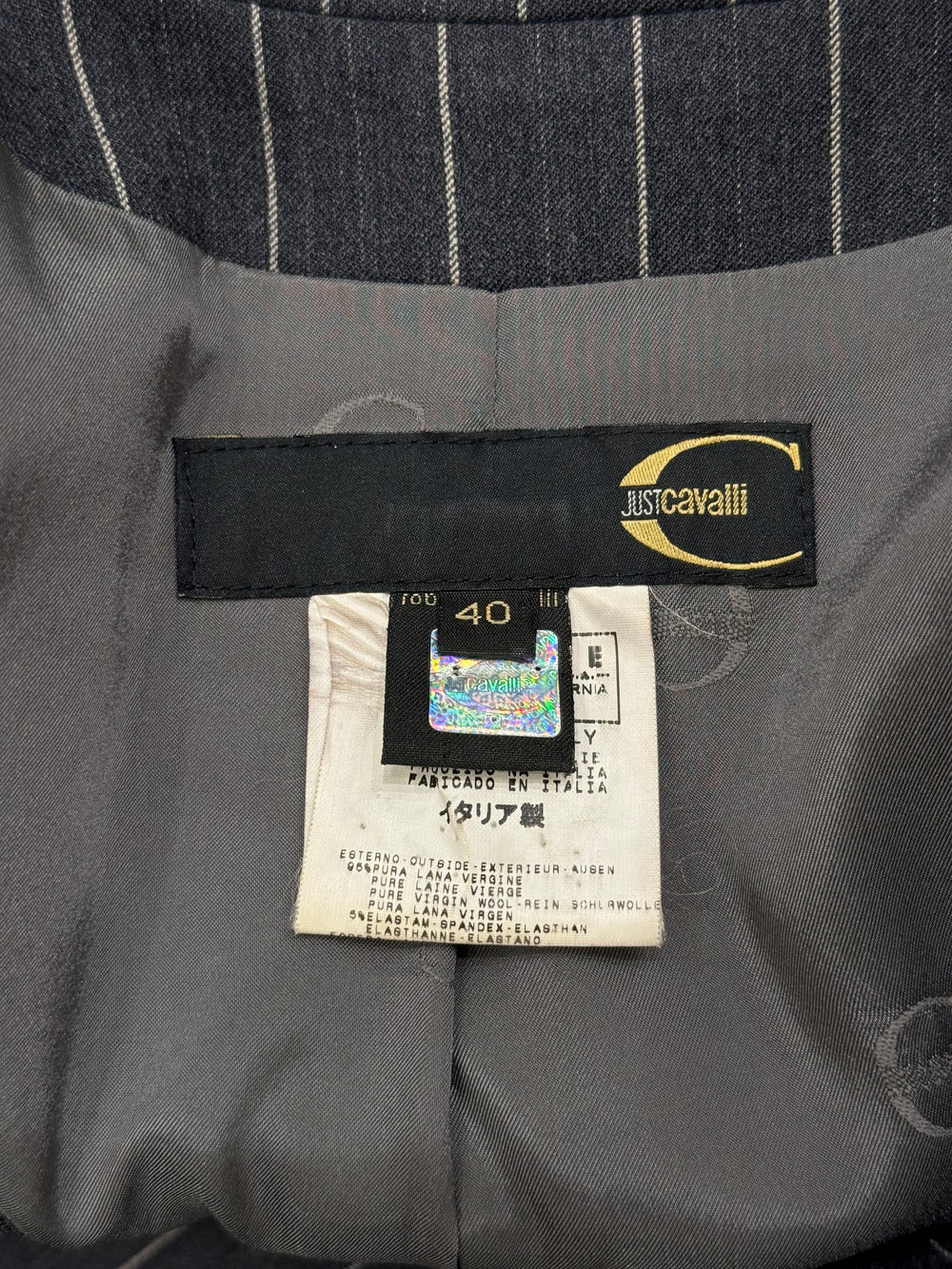 2000s Cavalli pinstripe cropped blazer and trousers suit