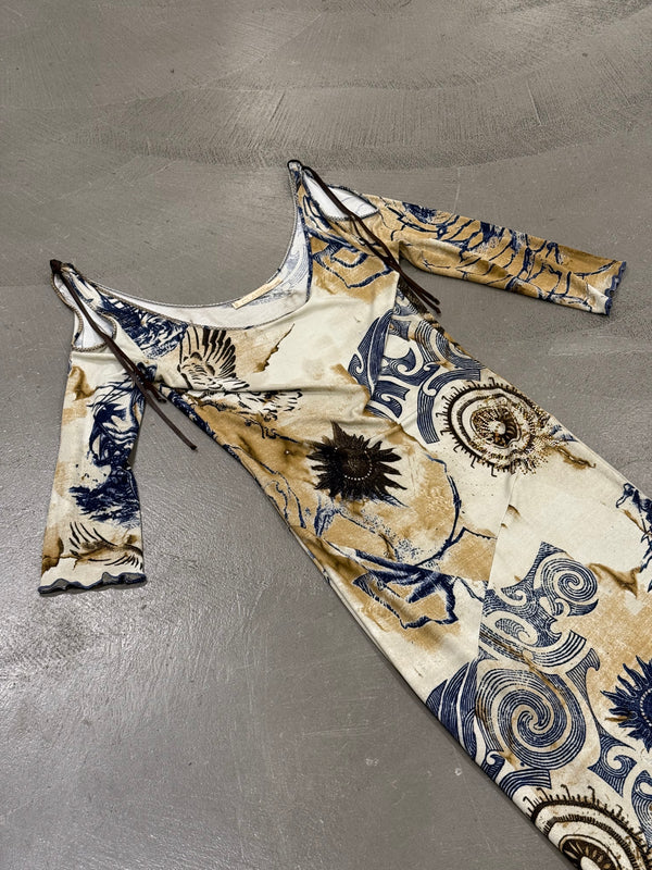 2000s Roberto Cavalli geometric open shoulder long dress