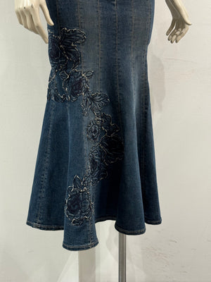 F/W2002 Roberto Cavalli floral tattoo embroidered denim skirt