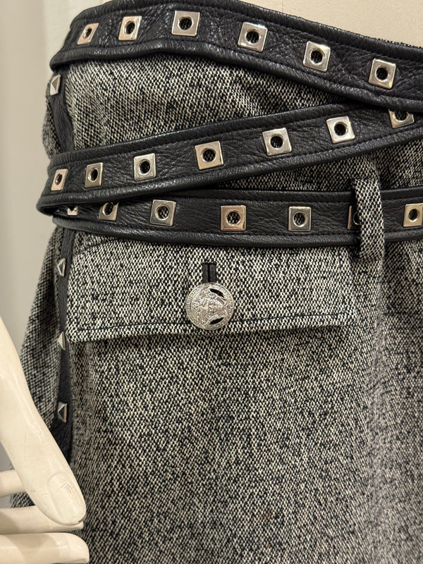 2000s Gianni Versace bondage studded wool skirt