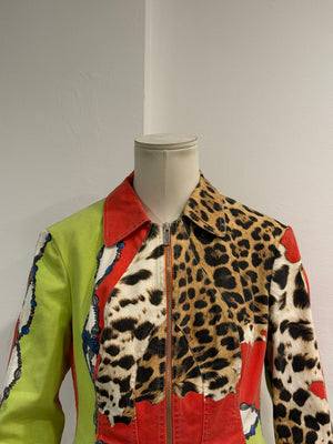 2000s Roberto Cavalli leopard printed patchwork denim jacket