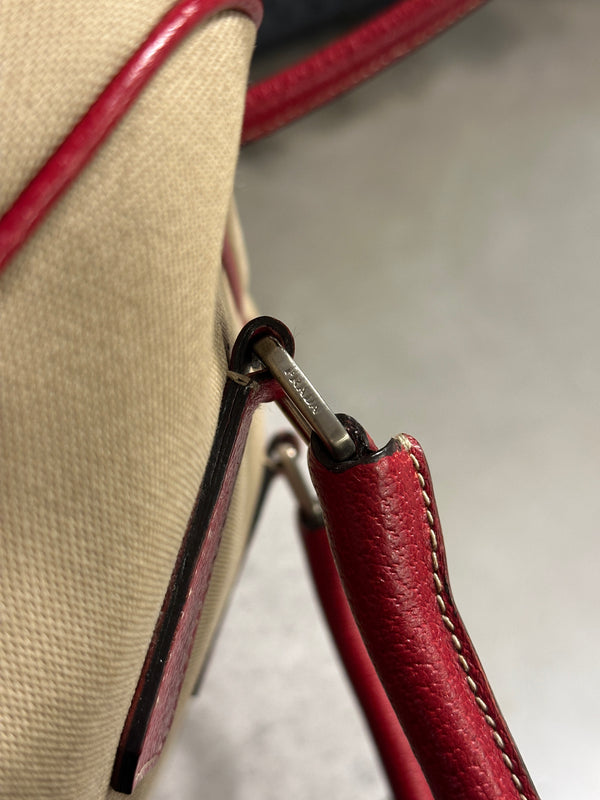 2000s Prada jacquard bowler bag with red leather trim