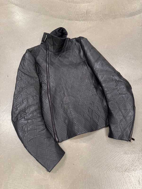2014 Emporio Armani asymmetrical lozenged biker leather jacket