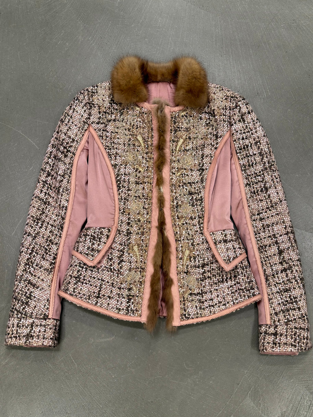 2004 Roberto Cavalli tweed leather fur trim jacket