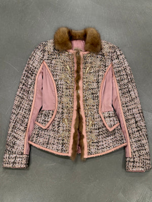 2004 Roberto Cavalli tweed leather fur trim jacket