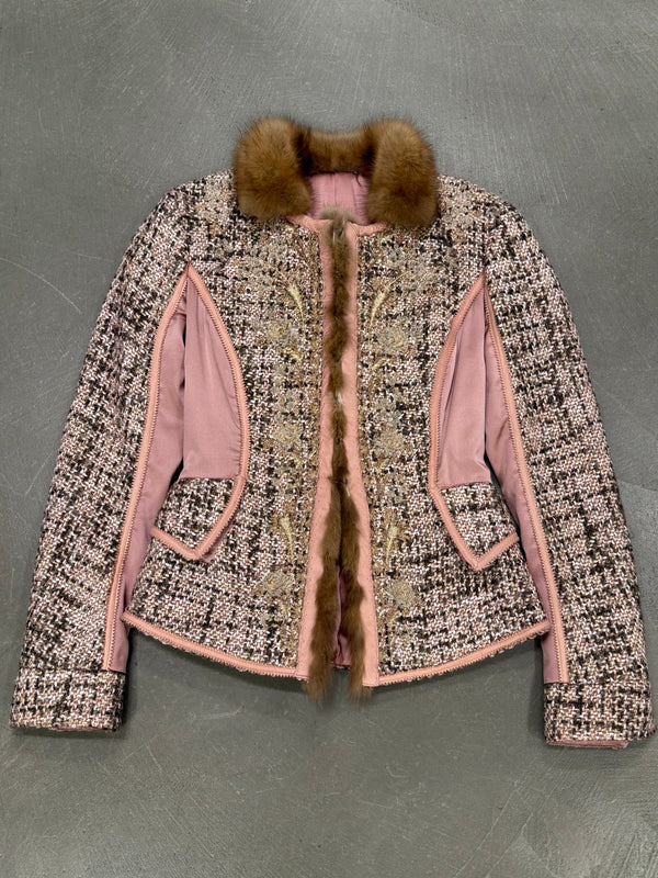 2004 Roberto Cavalli tweed leather fur trim jacket