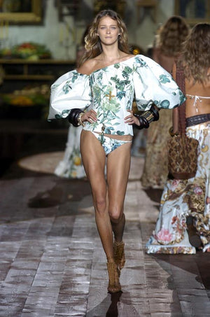 S/S2005 Roberto Cavalli runway floral balloon sleeves corset top