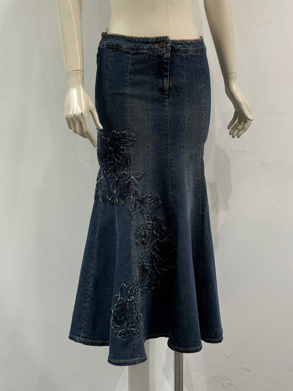 F/W2002 Roberto Cavalli floral tattoo embroidered denim skirt