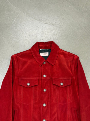 2019 Saint Laurent red suede leather trucker jacket