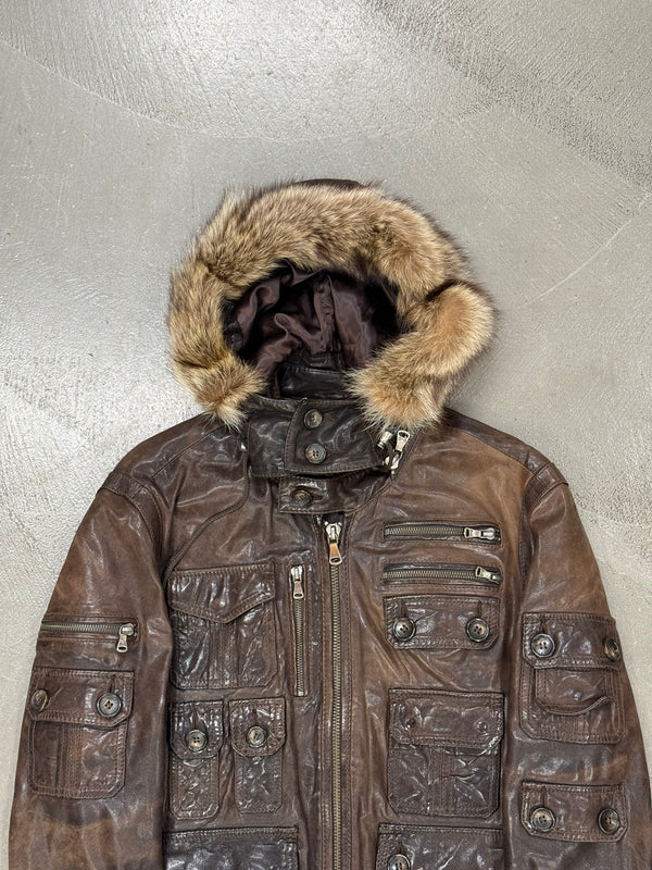 A/W2003 Dolce & Gabbana coyote fur multi-pockets cargo leather jacket