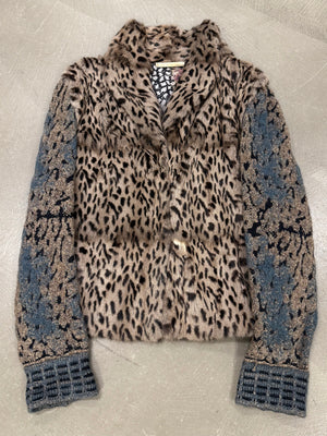 2000s Roberto Cavalli leopard print jacket with knit sleeves and fur details