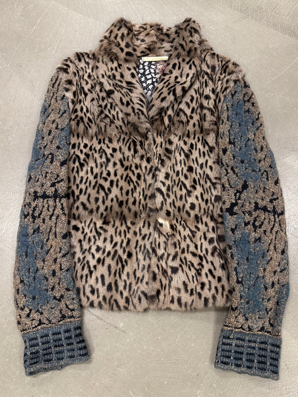 2000s Roberto Cavalli leopard print jacket with knit sleeves and fur details