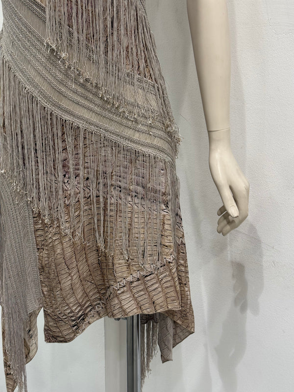 S/S2011 Roberto Cavalli crocodile print fringe halter mini dress