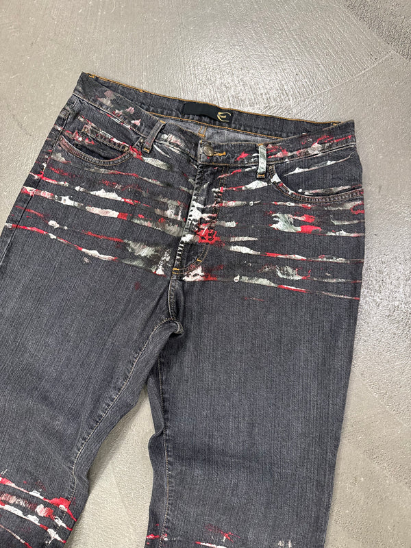 2001 Just Cavalli distressed paint splatter flare jeans