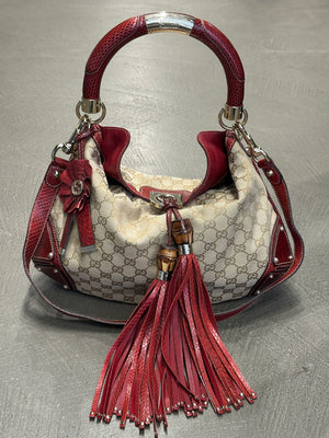 2008 Gucci x Unicef Indy GG canvas snakeskin hobo bag
