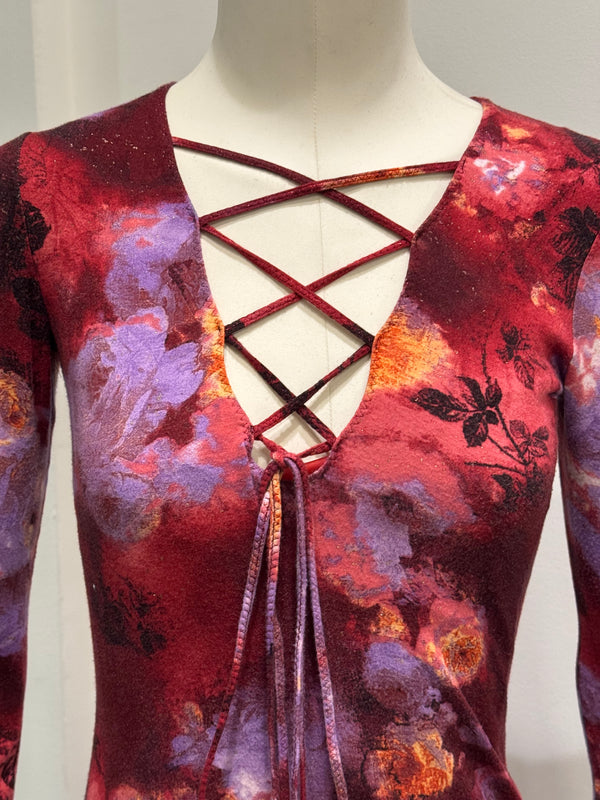 2000s Roberto Cavalli floral lace up midi dress
