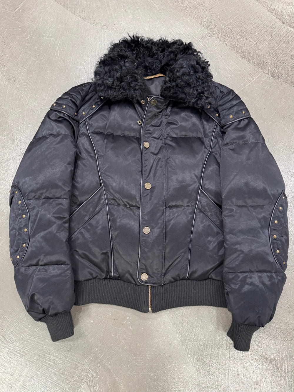 2000s Roberto Cavalli studded boxy armor puffer bomber jacket with removable fur