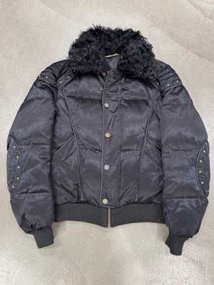 2000s Roberto Cavalli studded boxy armor puffer bomber jacket with removable fur