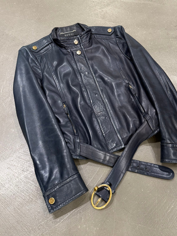 2000s Gucci belted biker leather jacket