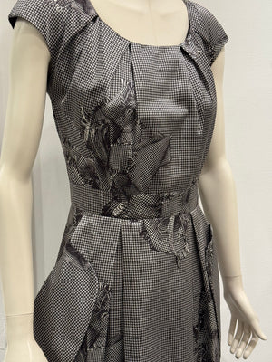 2000s Christian Dior Houndstooth silk dress with floral Appliqué