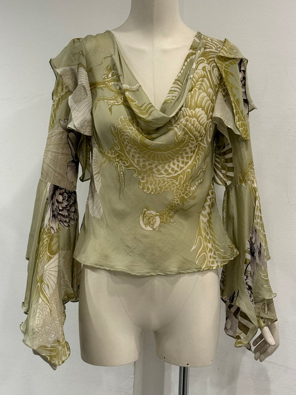 A/W2006 Roberto Cavalli dragon ruffle silk blouse top