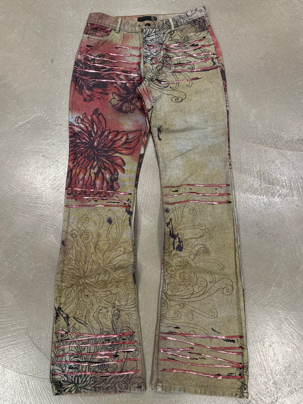 2001 Cavalli paint stripes floral tattoo jeans