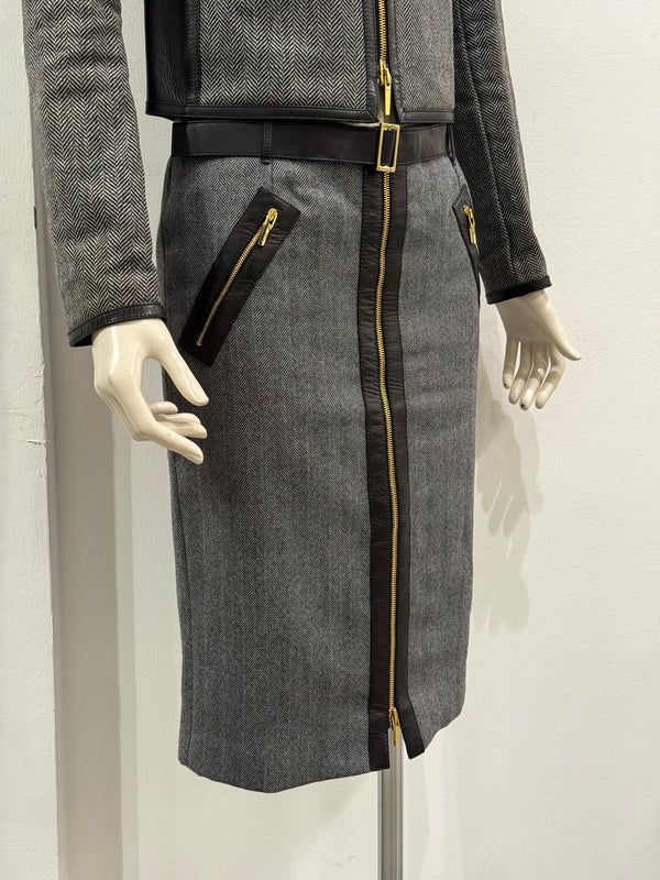 A/W2000 Gucci by Tom Ford runway set leather trip jacket & skirt