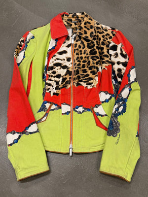 2000s Roberto Cavalli leopard printed patchwork denim jacket