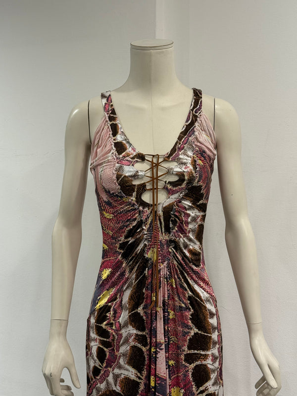 2004 Roberto Cavalli feather lace-up dress