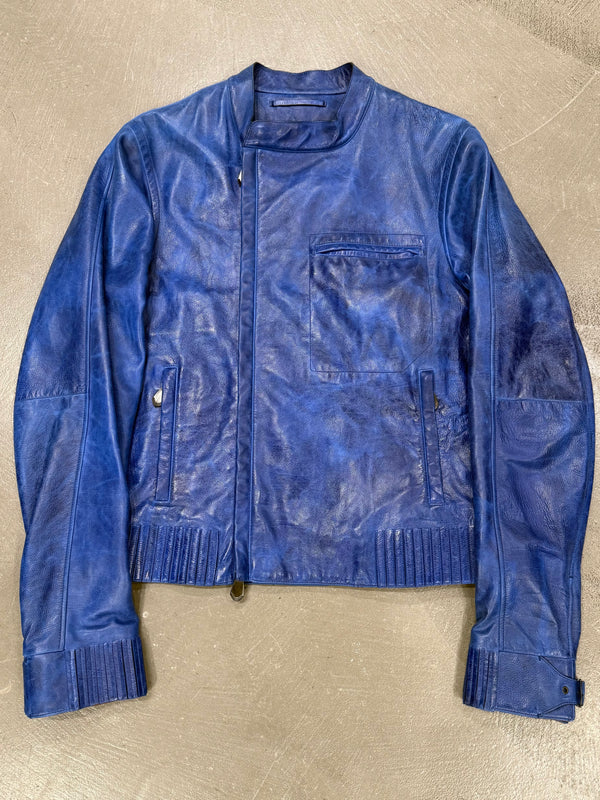 2010s Berluti distressed blue biker nabuck leather jacket