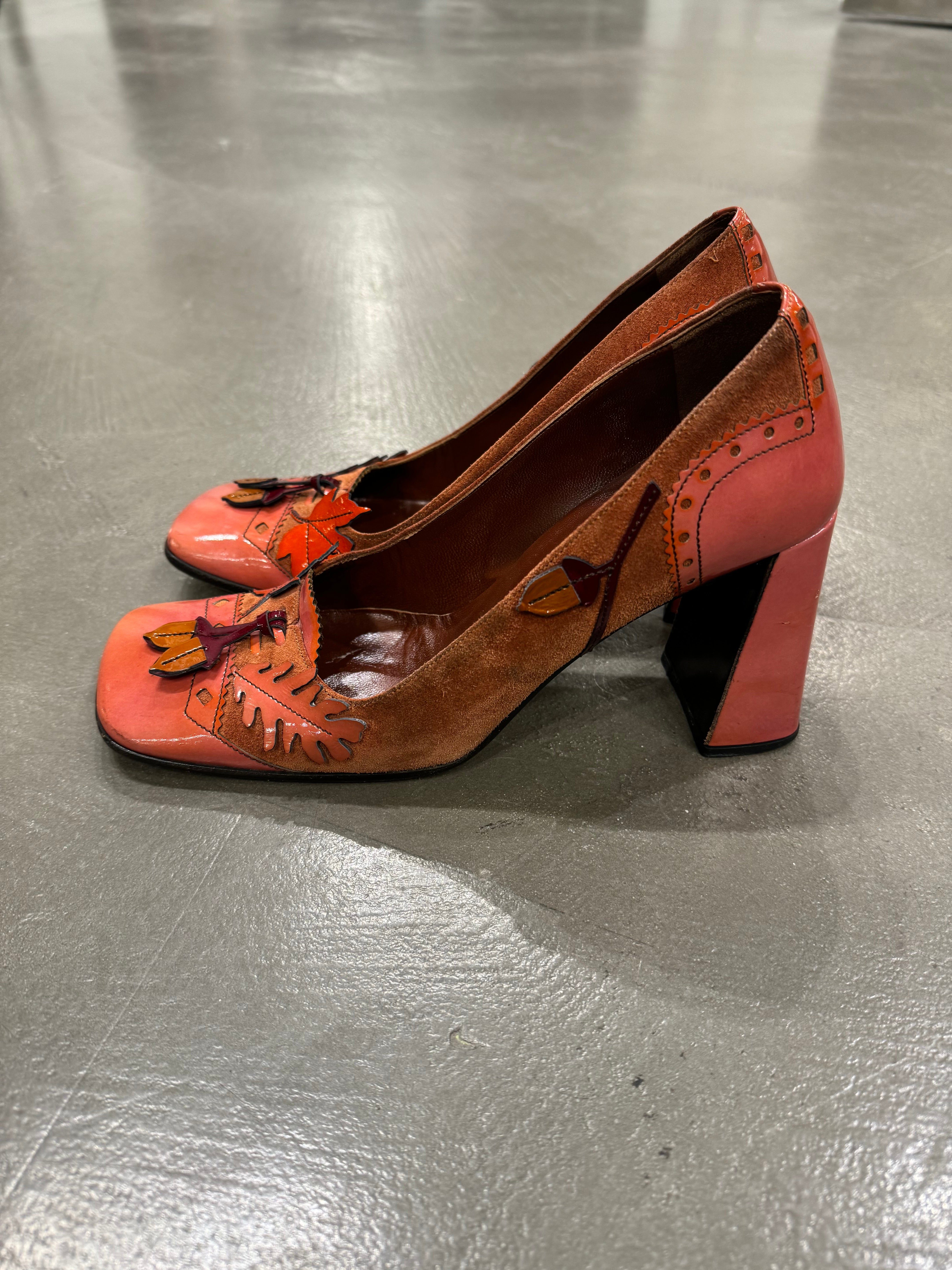 A/W1999 Prada runway acorn and oak leaf suede heels