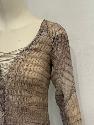 S/S2011 Roberto Cavalli silk crocodile print lace-up fringe dress