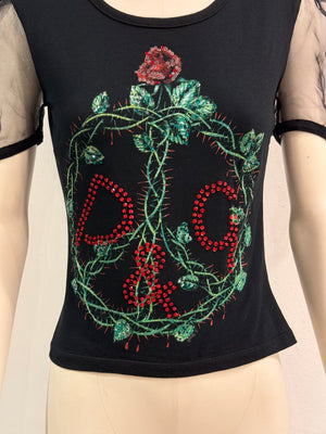 2001 Dolce & Gabbana rose graphic and tulle sleeve t-shirt