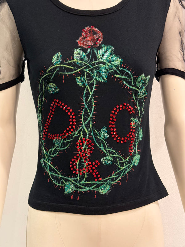 2001 Dolce & Gabbana rose graphic and tulle sleeve t-shirt