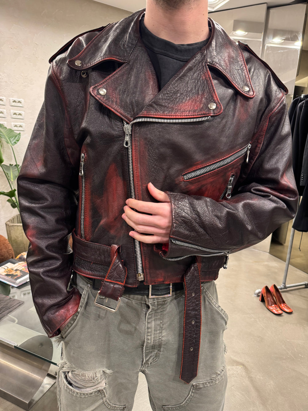 1980s Gianni Versace red-black distressed leather biker jacket