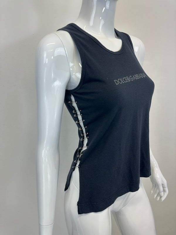 S/S 2001 Dolce & Gabbana Safety Pin Rhinestone Swarovski Logo Tank Top