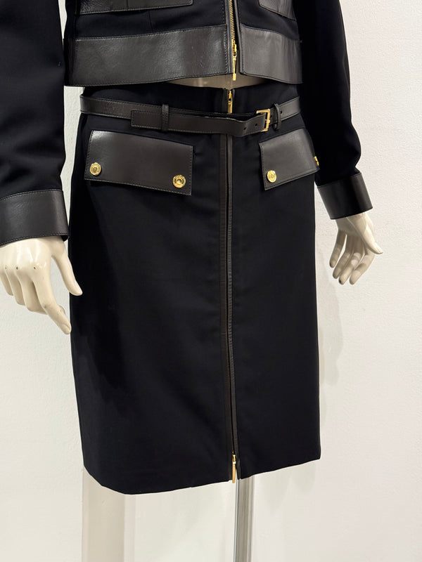 F/W2000 Gucci by Tom Ford leather-trim runway set jacket and skirt set