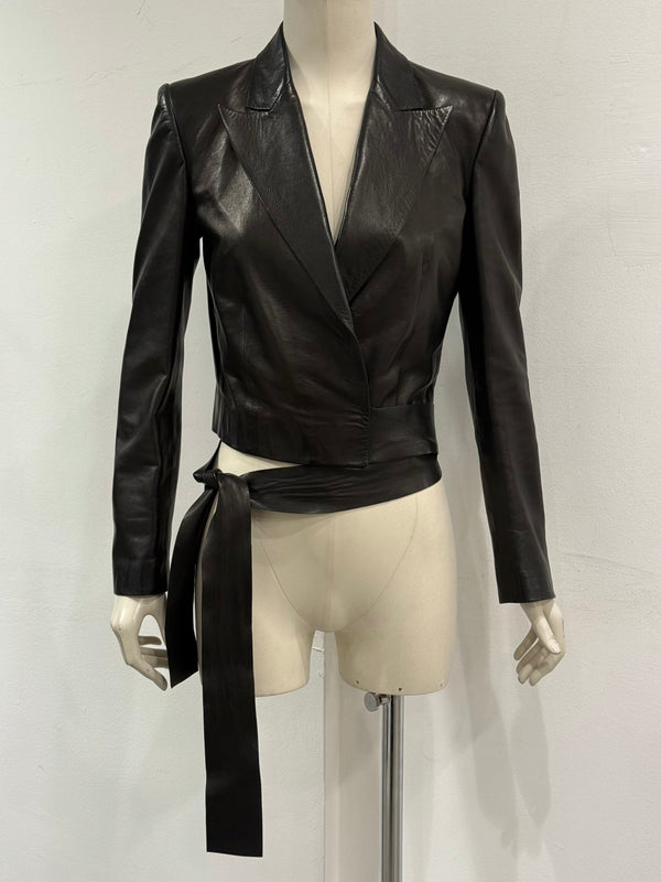 2001 Gucci by Tom Ford black leather tie waist jacket