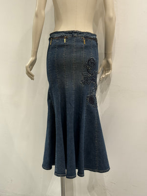 F/W2002 Roberto Cavalli floral tattoo embroidered denim skirt